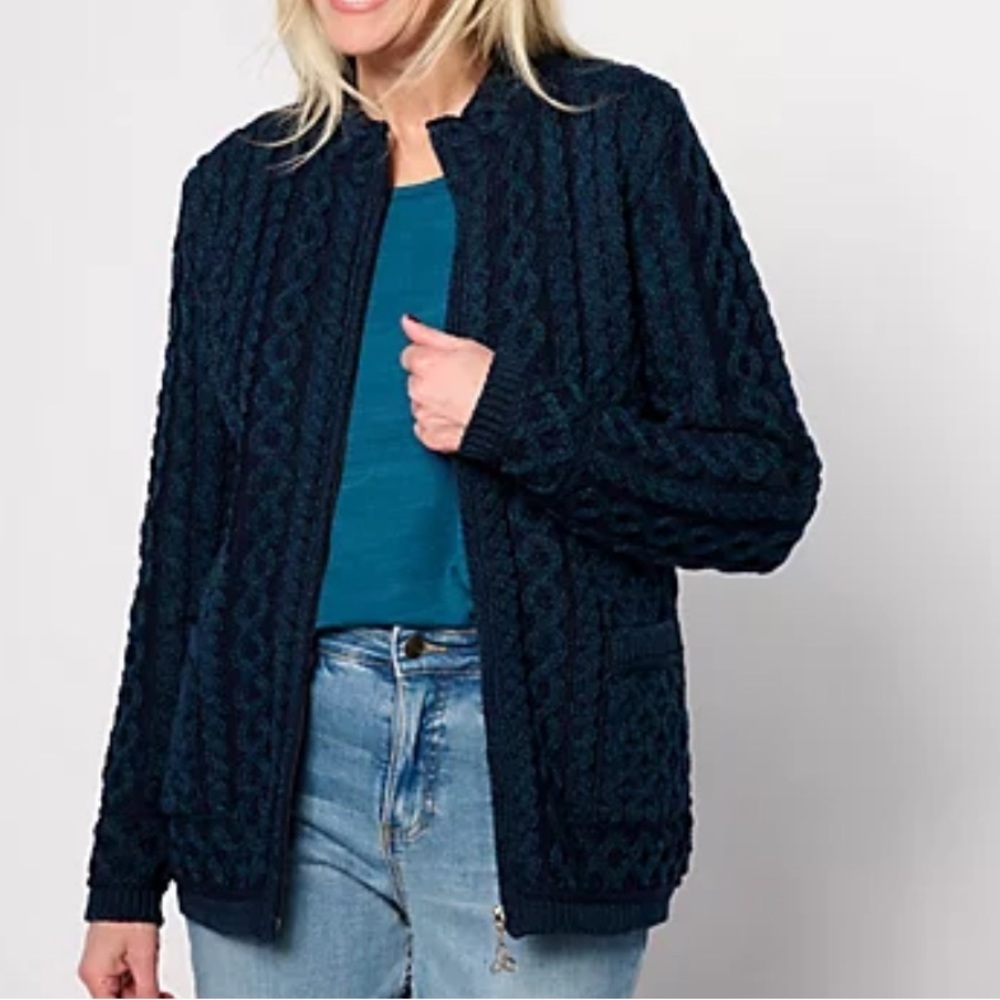 New Aran‎ Craft Merino Wool Zip-Front Cardigan with Pockets